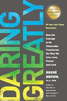 Book Cover for Brene Brown's Book titled "Daring Greatly" with a charcoal background and green, blue and yellow lettering