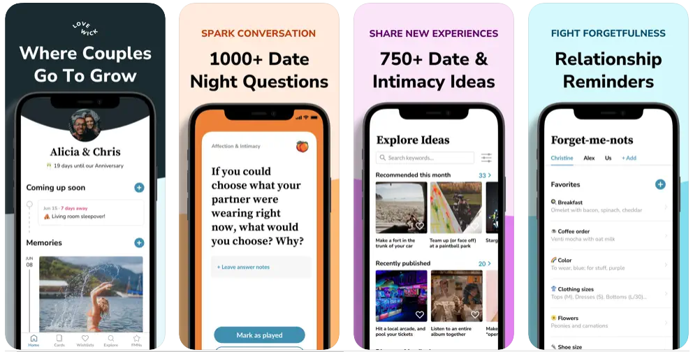 Lovewick app screenshot showing multiple app screens in the app store with conversation prompts for couples.