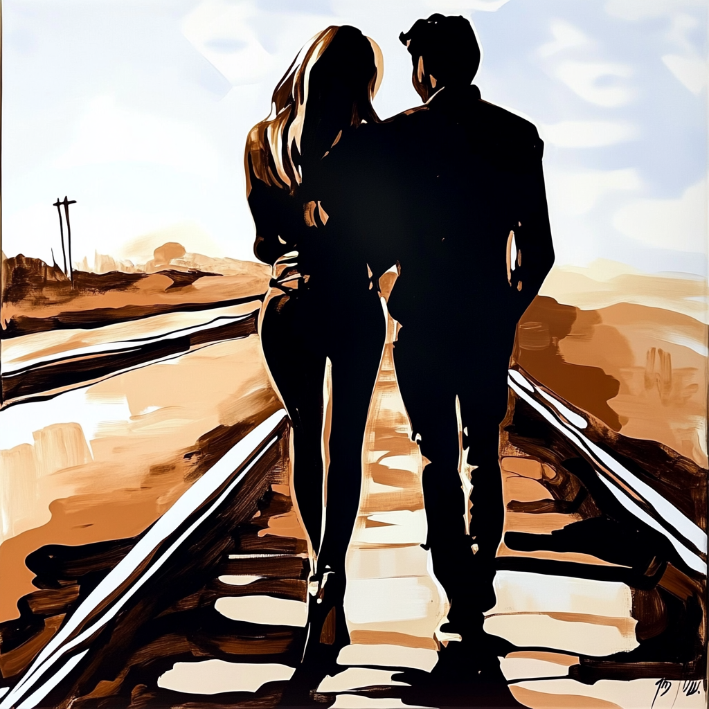 couple taking a stroll outside along the train tracks